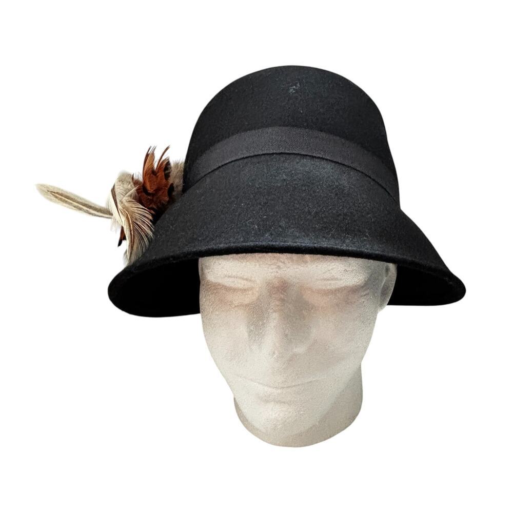Badgley Mischka Black Wool Bucket Hat Feather Accent Ribbon Trim - Picture 2 of 8